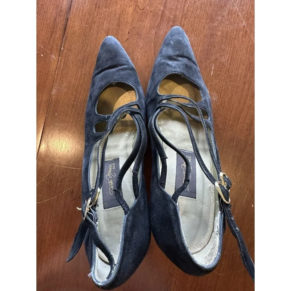 Sesto Meucci Shoes Black Strappy Suede Pointed Toe Made in Spain  Size 8.5 VTG